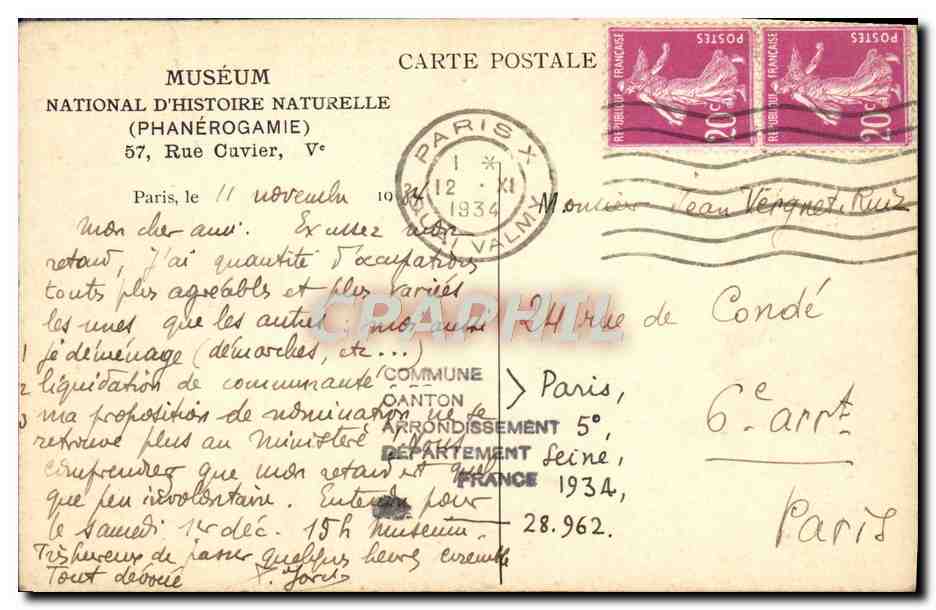CPA Paris Museum d'histoire naturelle Phanerogamie Rue Cuvier  — Rückseite