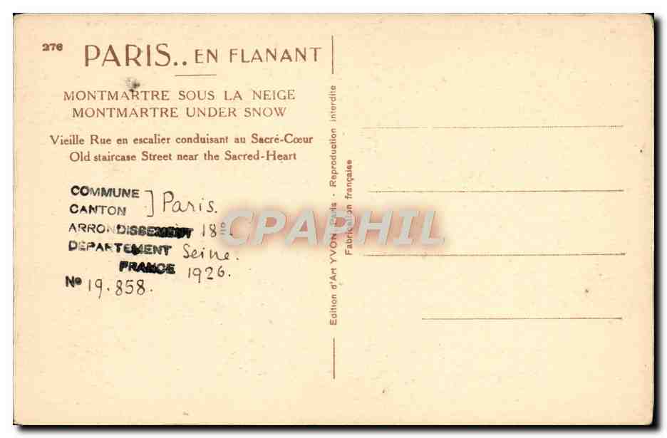 CPA Paris Montmartre sous la neige Vieille rue en escalier conduisant au Sacre Coeur — Rückseite