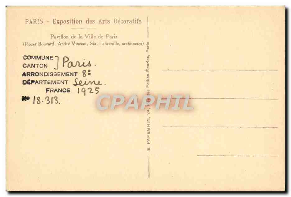 CPA Pavillon de la Ville de Paris Paris — Rückseite