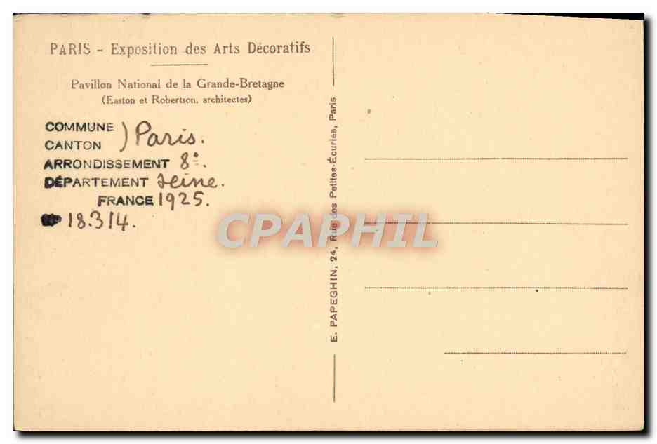 CPA Paris Exposition des Arts Decoratifs Pavillon national de la Grande Bretagne  — Rückseite