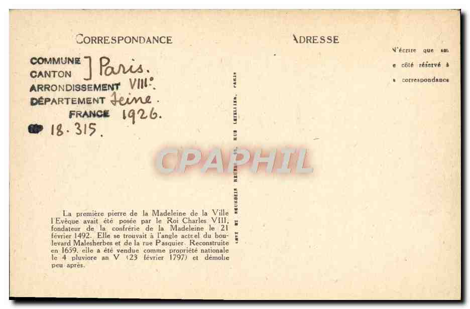 CPA Paris Ancienne Eglise de la Magdeleine — Rückseite