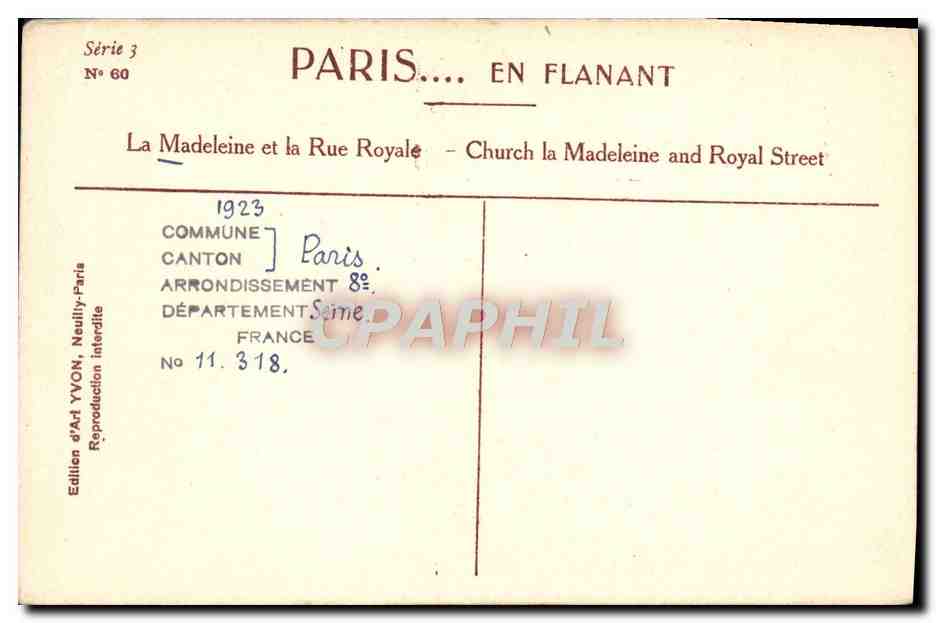 CPA Paris La Madeleine et la rue royale — Rückseite