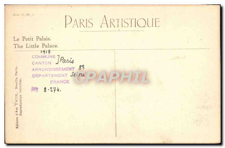 CPA Paris Le petit palais  — Verso
