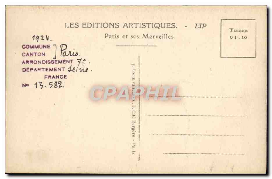 CPA Paris Le Palais de la Legion d'Honneur — Verso