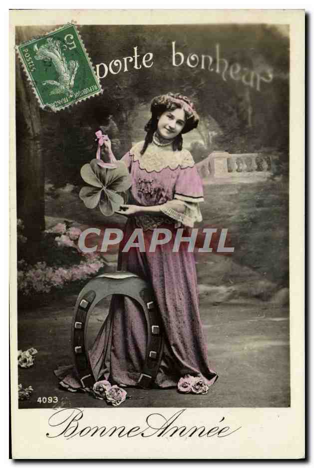 Frau in violettem Kleid mit Kleeblatt — Frohe Neujahr — Verlag Levé, Nr. 4093