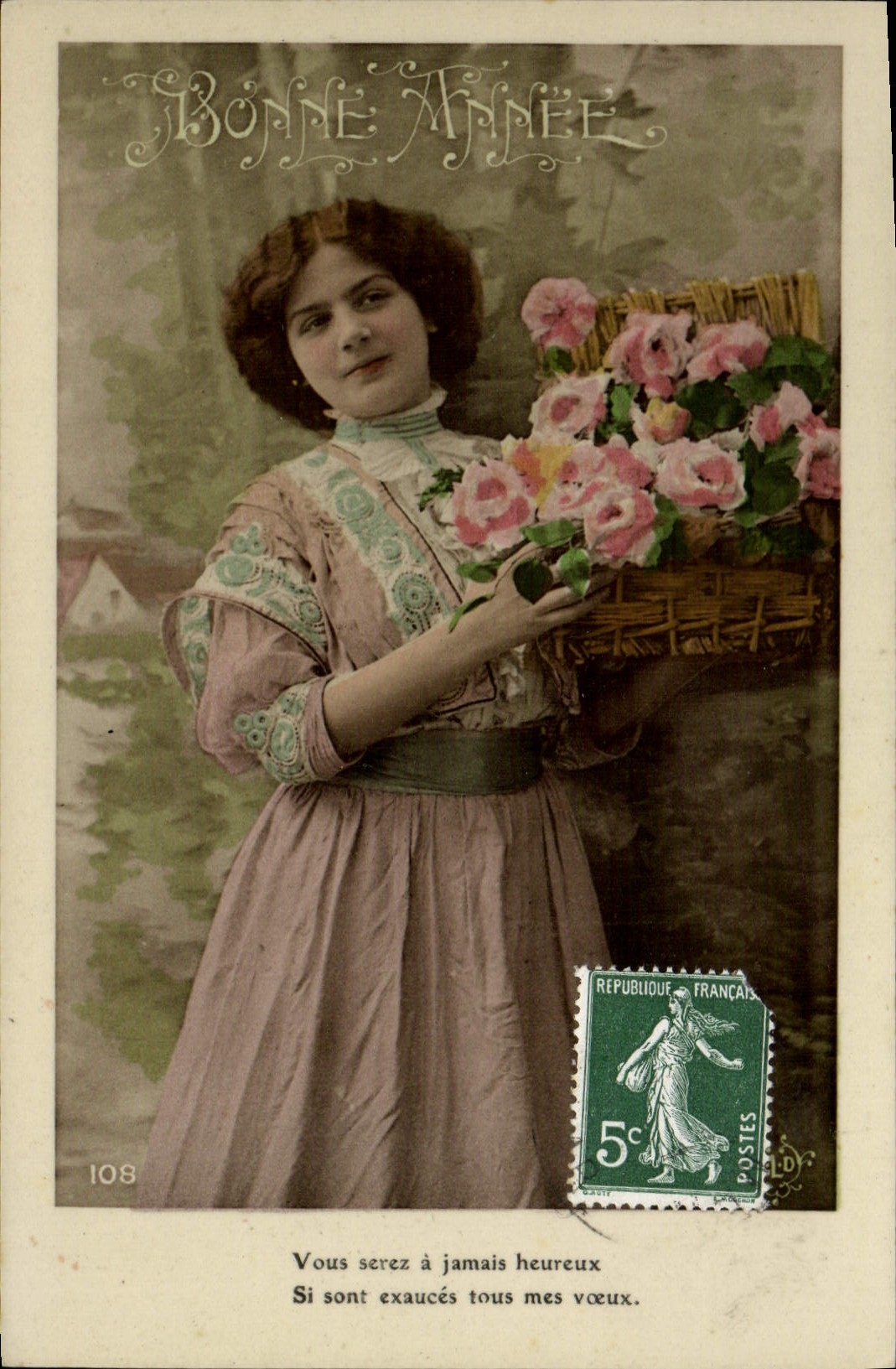 Junge Frau mit einem Korb voll Rosen — Frohes Neues Jahr — Anonymer Verlag, n° 108
