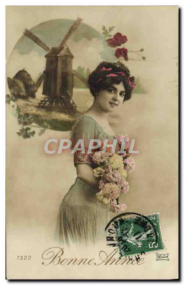 Joven mujer con ramo de flores — fondo con molino de viento — editor Riat, n° 7322