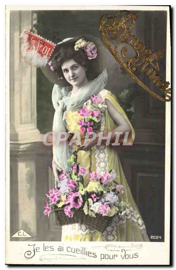 Femme en robe jaune tenant un panier de fleurs — 'Je les ai cueillies pour Vous' — C.L. n°2024