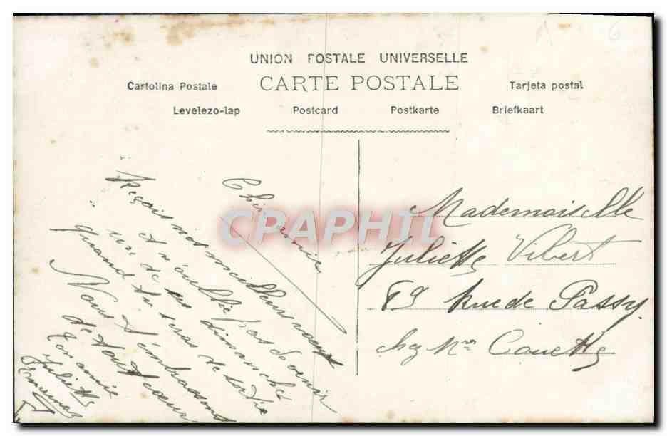 Femme en robe jaune tenant un panier de fleurs — 'Je les ai cueillies pour Vous' — C.L. n°2024 — Achterkant