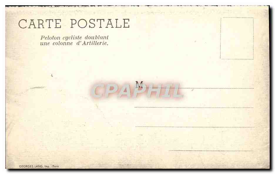 Peloton cycliste doublant une colonne d'Artillerie — Georges Lang, imp. Pura — Verso