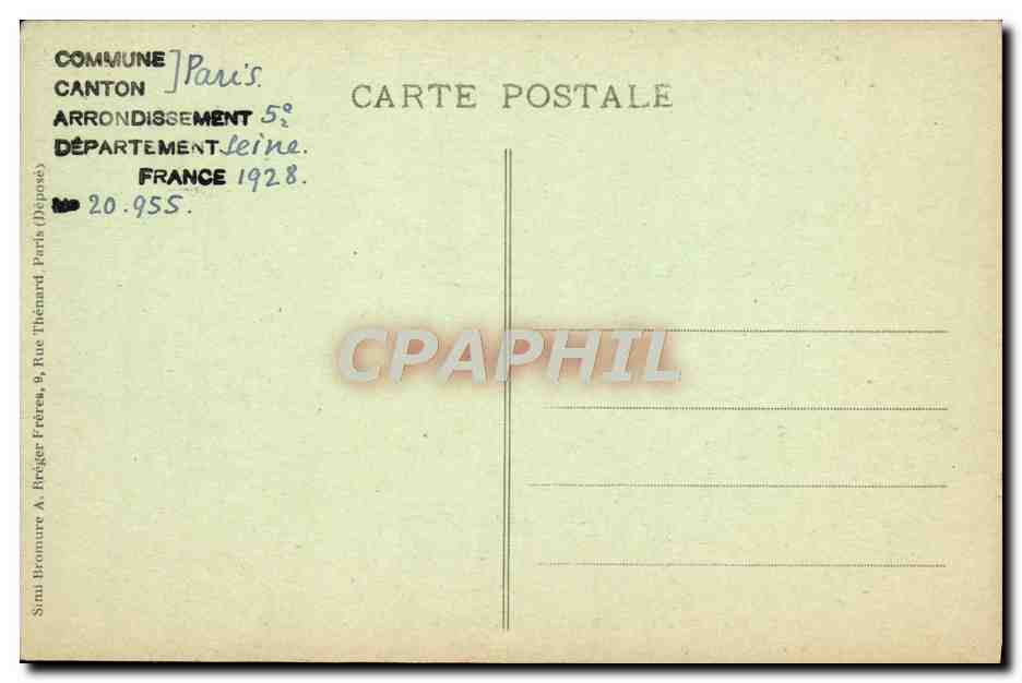 CPA Paris Meunerie Boulangerie de L'Assistance Publlque de Paris Ancien Hotel Scipion Sardini Arcades de la Facade  — Rückseite