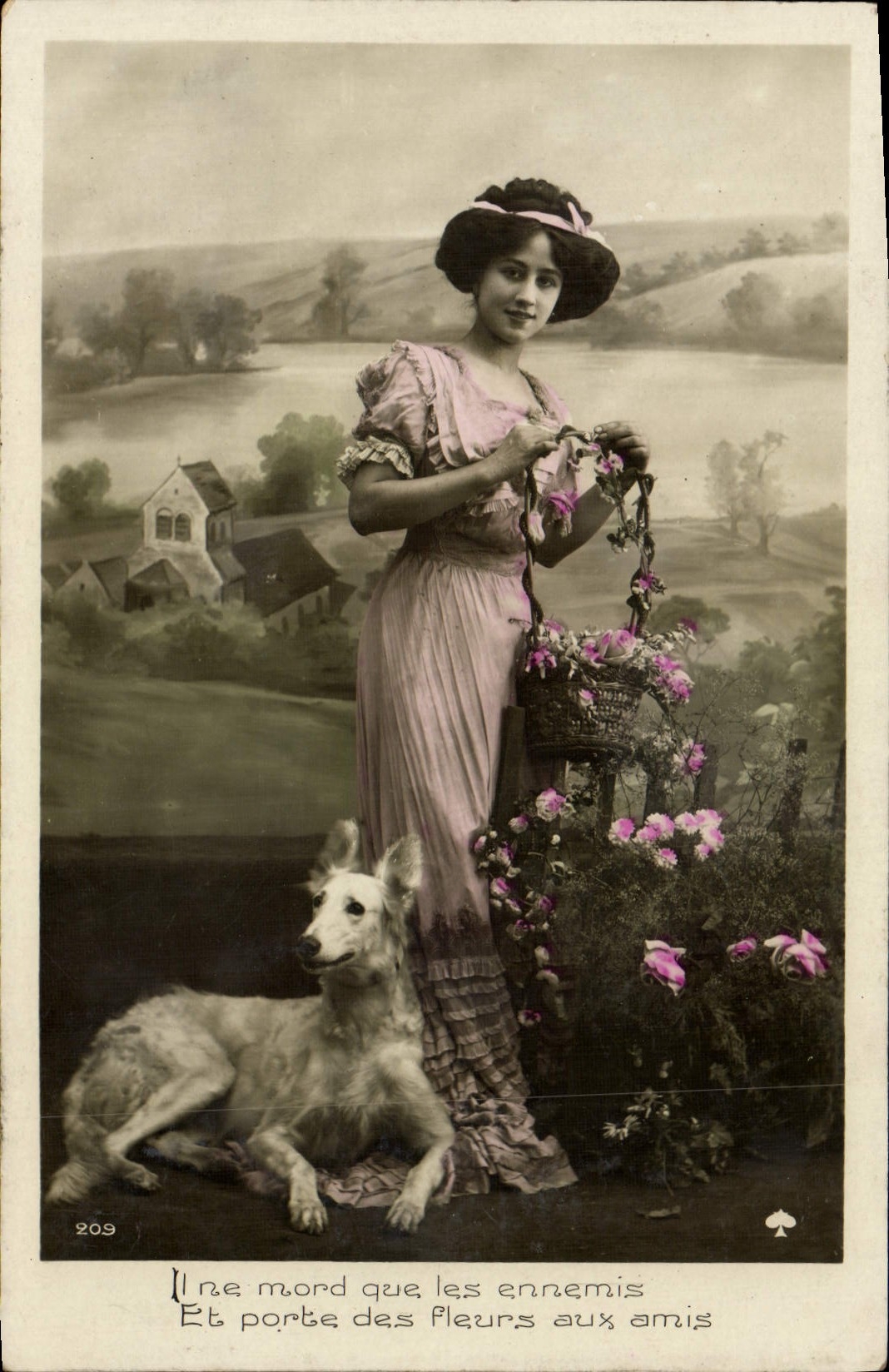 Femme avec chien et panier de fleurs — scène champêtre — éditeur inconnu, n° 209