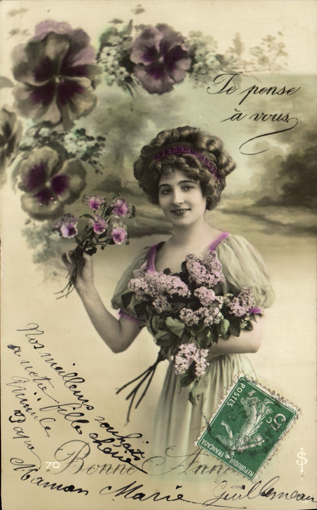 Ich denke an Sie — junge Frau mit Blumenstrauß — anonymer Verlag, Nr. 70
