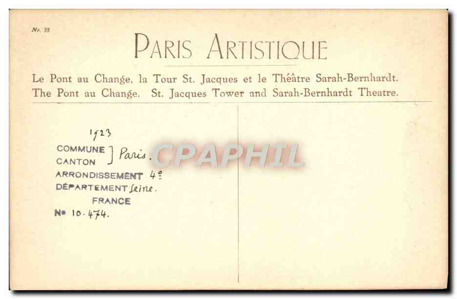 CPA Paris Aristique Le Pont au Change la Tour St Jacques et le Theatre Sarah Bernhardt — Rückseite