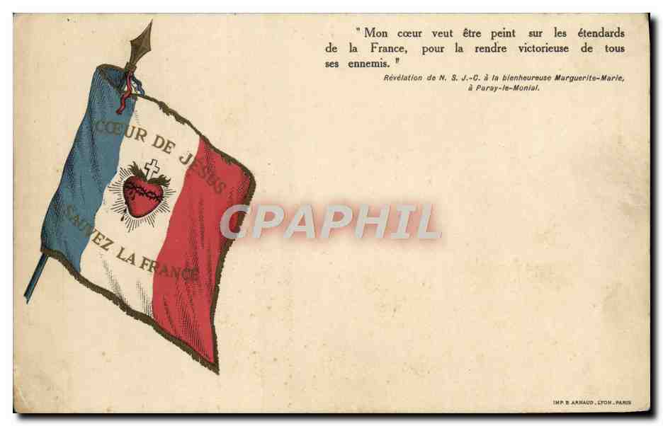 CPA Mon coeur veut etre peint sur les etendards de la France Drapeau coeur de Jesus Militaria 