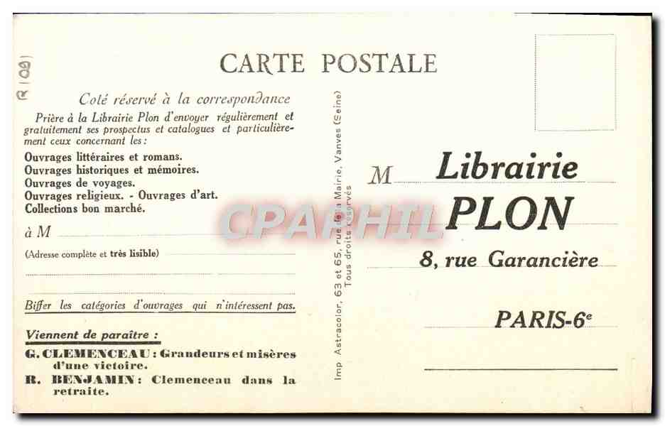 CPA Le President Georges Clemenceau Librairie Plon rue Garanciere Paris  — Rückseite