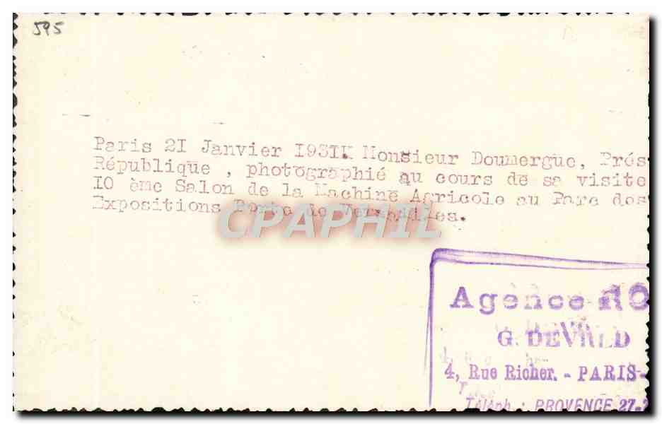 Photo Paris Janvier 1931 Monsieur Doumergue President de la republique Visite Salon de la machine agricole parx des Expo — Rückseite