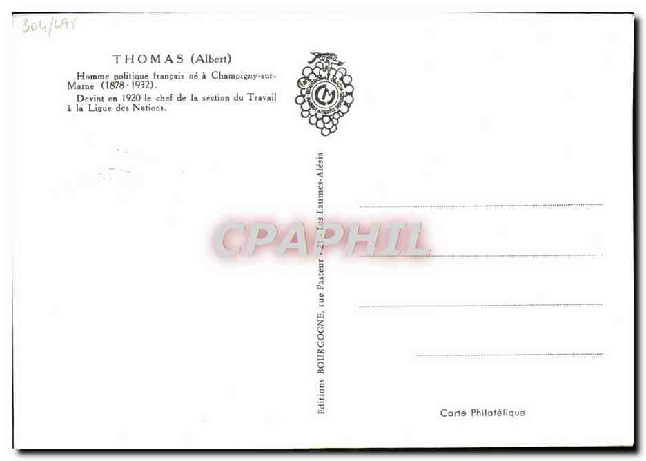 Albert THOMAS, homme politique français — 1878-1932 — Éditions Carte Philatélique — Verso