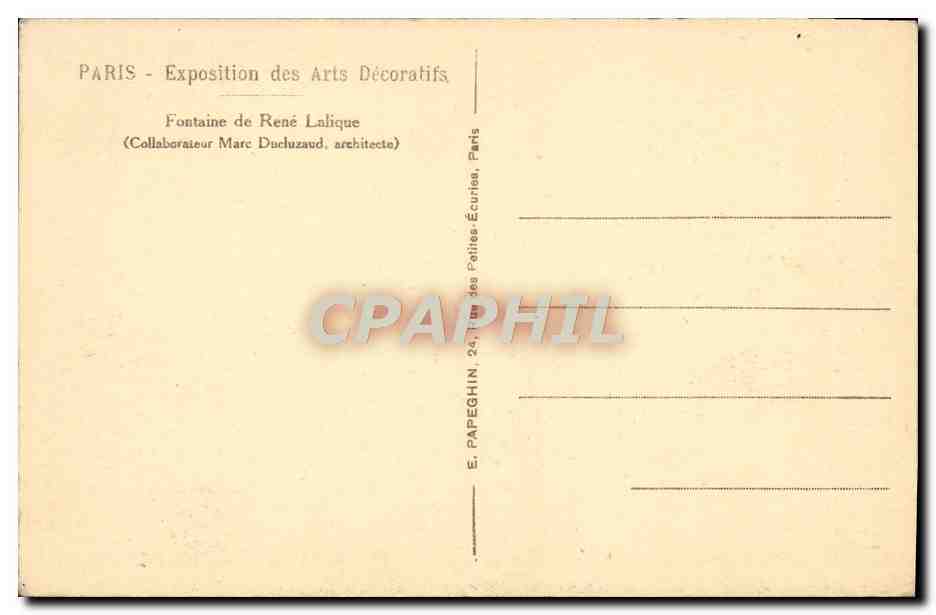 CPA Paris Exposition des Arts Decoratifs Fontaine de Rene Lalique  — Rückseite