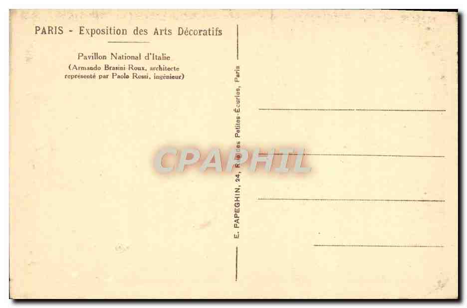 CPA Paris Exposition des Arts Decoratifs Pavillon National d'Italie  — Rückseite