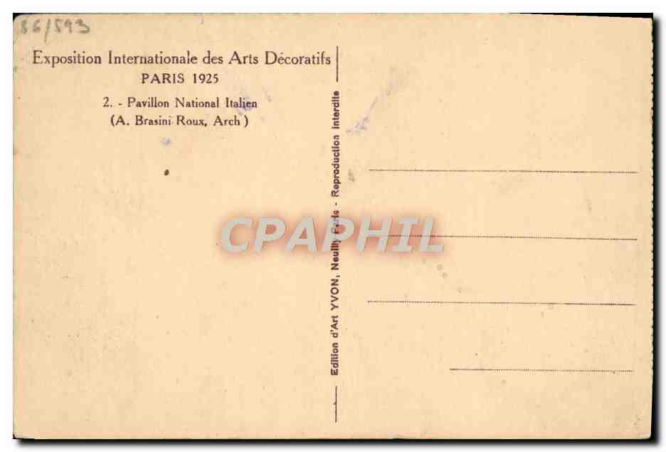 CPA Exposition Internationale des Arts Decoratifs Paris Pavillon national d'Italie — Rückseite