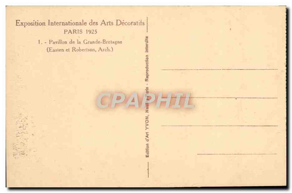 CPA Exposition Internationale des Arts Decoratifs Pavillon de la Grande Bretagne  — Rückseite