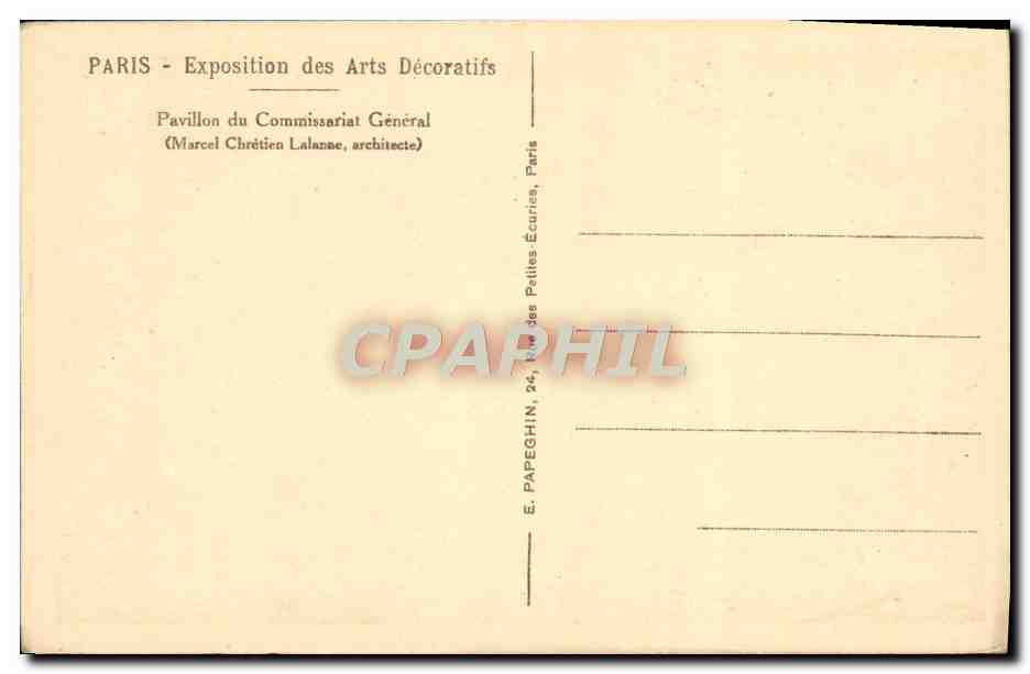 CPA Paris Exposition des Arts Decoratifs Pavillon du Commissariat General — Rückseite