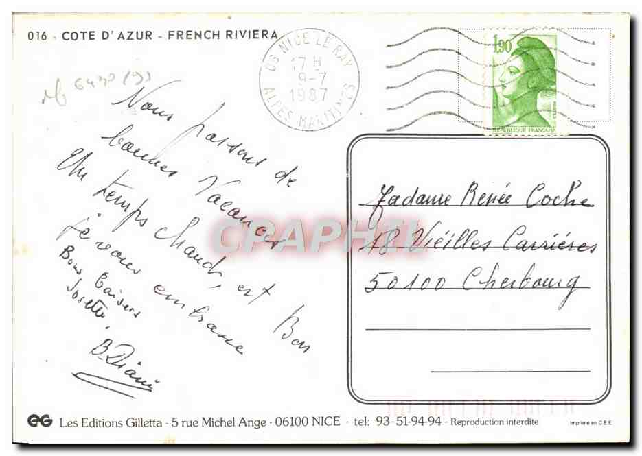 Riviera Côte d'Azur — Vue de la côte avec montagnes enneigées — Les Editions Gilletta, n°016 — Achterkant