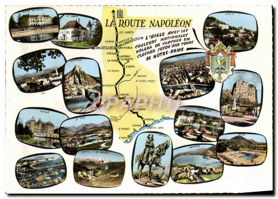 La Route Napoléon — carte postale illustrée avec vues de sites le long du parcours — éditeur Combiér, n° 006