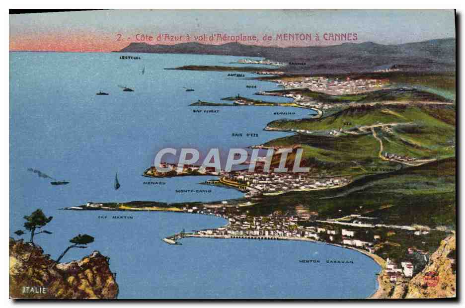 CPA Cote D'Azur a Vol d'Aeroplane de Menton a Cannes