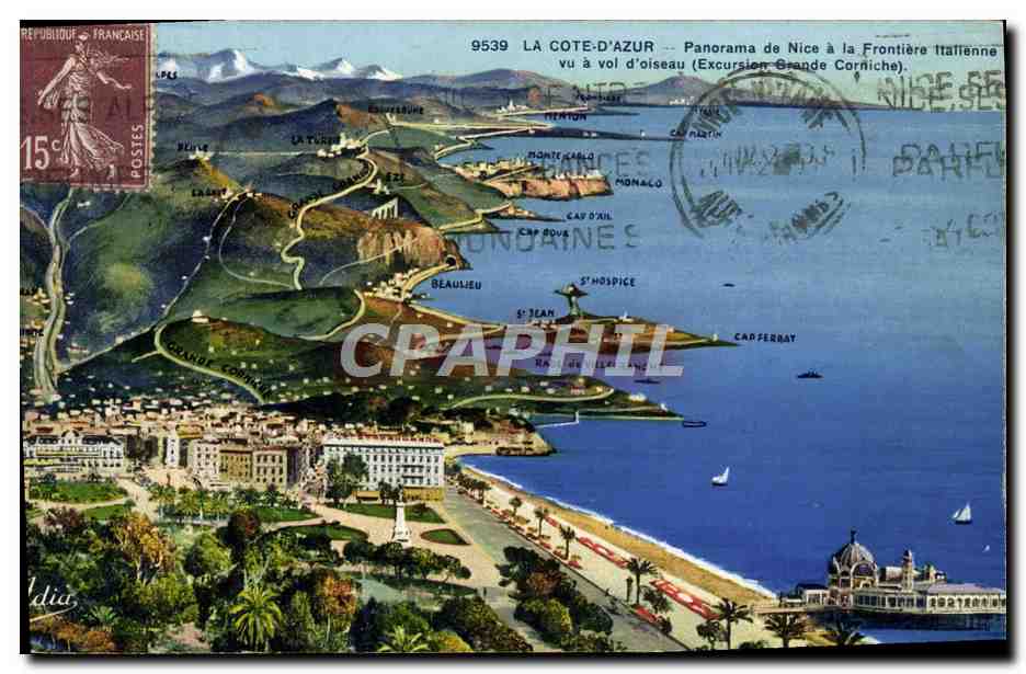 CPA Cote D'Azur Panorama de Nice a La Frontiere Itatienne vu a vol d'oiseau Excursion Grande Corniche