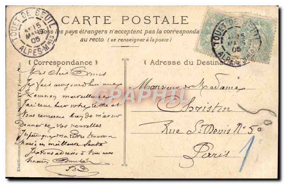 CPA Touet de Beuil Ligne du Sud De la France — Rückseite
