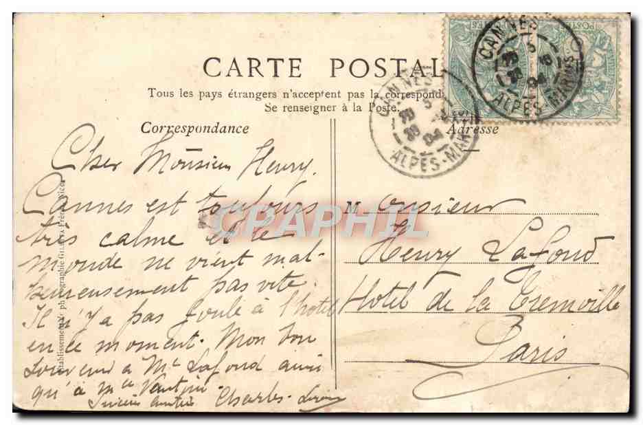 CPA Cannes Le Mont Chevallier et le Port — Rückseite