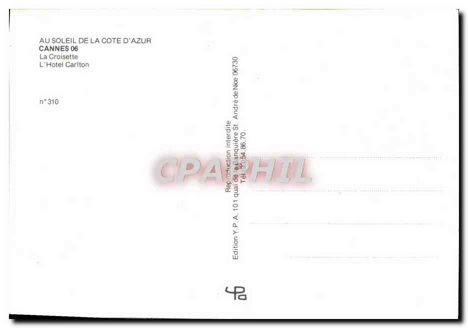 CPM Cannes La Croisette L'Hotel Cariton — Verso