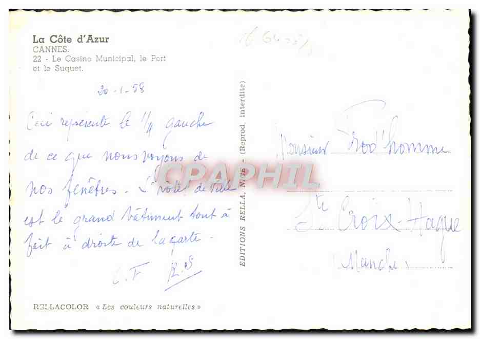 CPM Cannes Le Casino Municipal le Fort — Verso