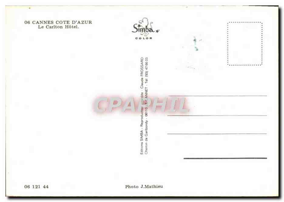 CPM Cannes Cote D'Azur Le Carlton Hotel — Verso