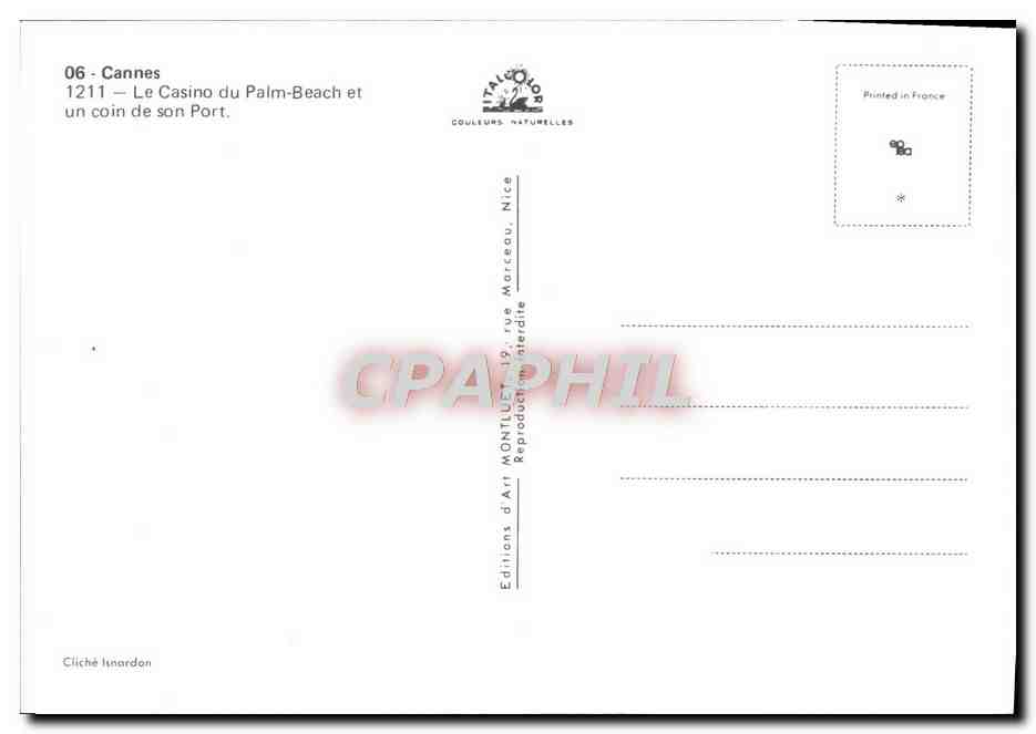 CPM Cannes Le Casino du Palm Beach et un Coin de Son Port — Verso
