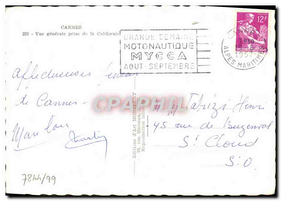 CPM Cannes Vue Generale Prise de la Californie — Rückseite