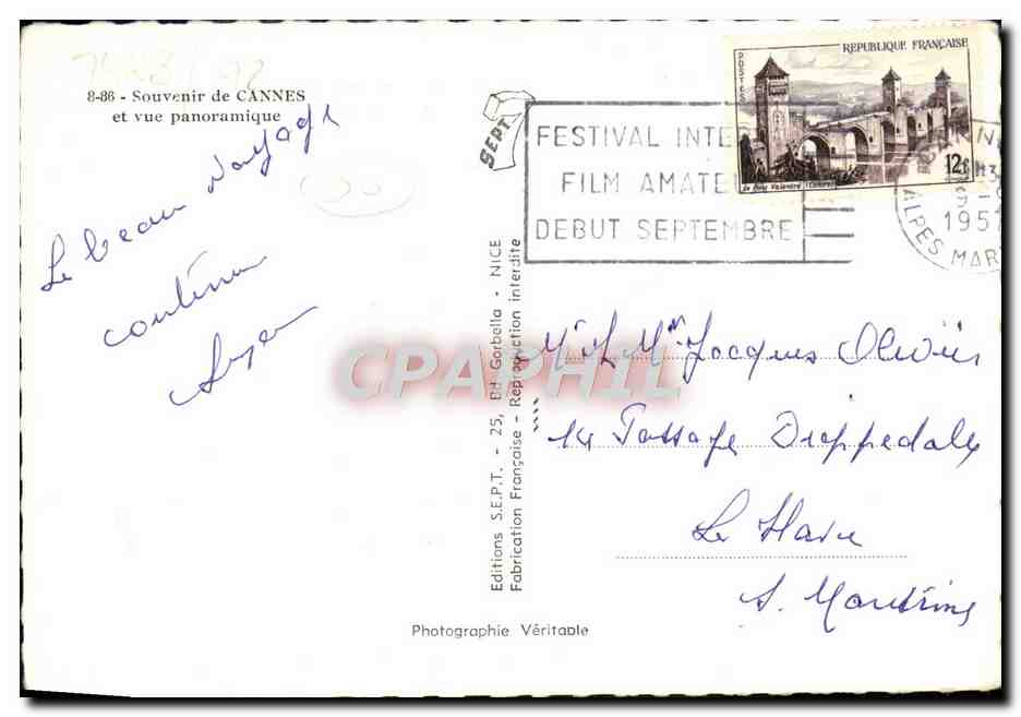 CPM Cannes Souvenir  — Verso