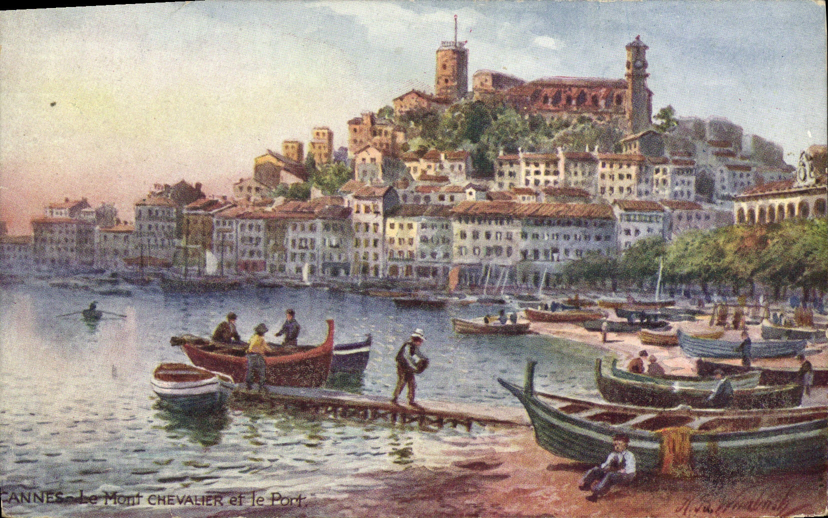 CPA Cannes Le mont Chevalier et le port Bateaux 
