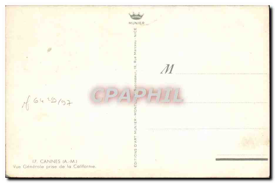 CPA Cannes Vue Generale Prise de la Californie — Rückseite