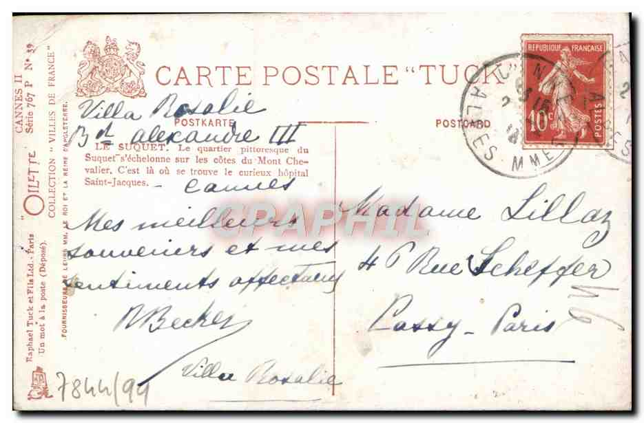 CPA Cannes Le Suquet — Verso