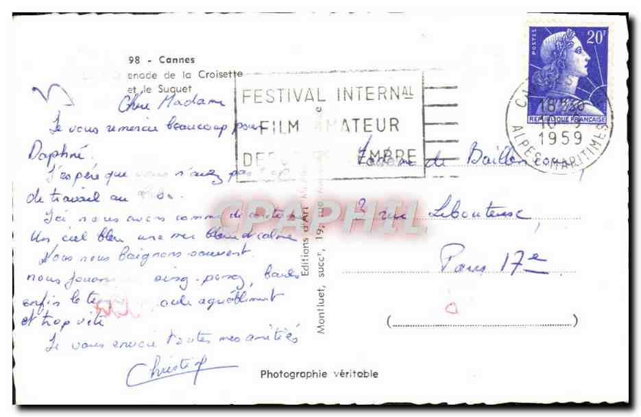CPA Cannes Promenade de la Croisette et le Suquet — Verso