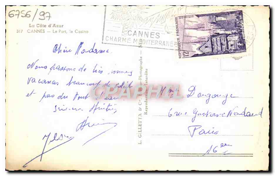 CPA Cannes Le Port Le casino Bateaux — Verso