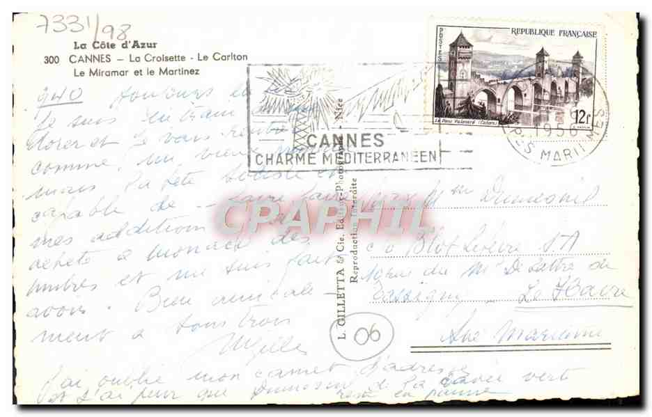 CPA Cannes La Croisette Le Carlton Le Miramar et le Martinez — Verso