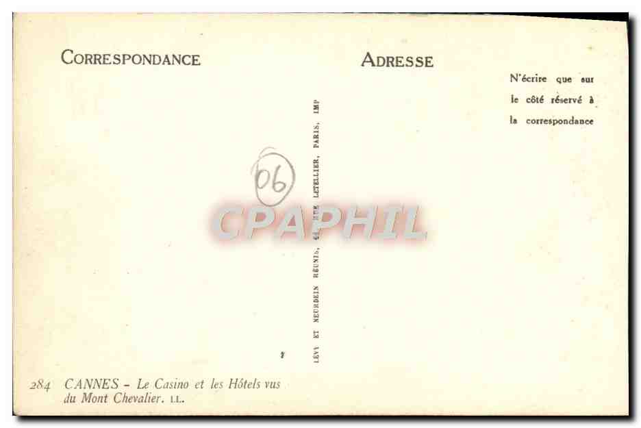 CPA Cannes La Casino et les Hotels Vus de Mont Chevalier — Verso