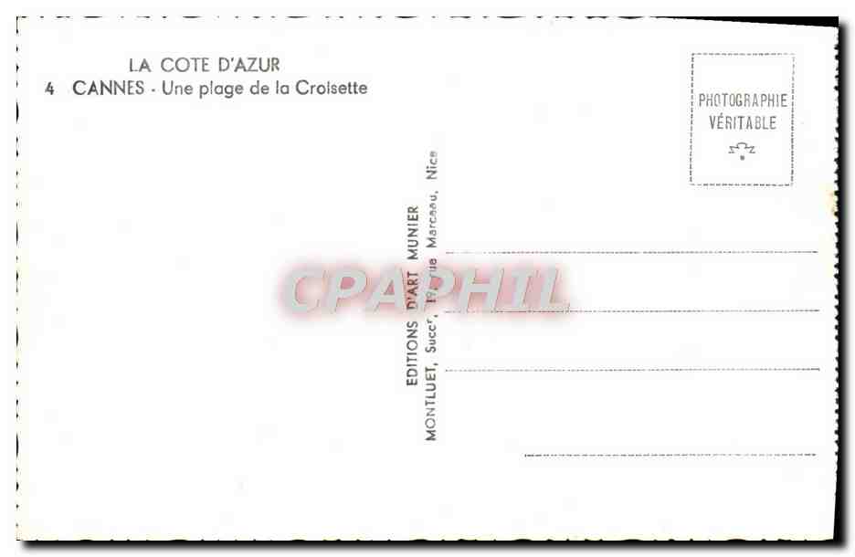 CPA Cannes Une Plage de la Crolsette — Verso
