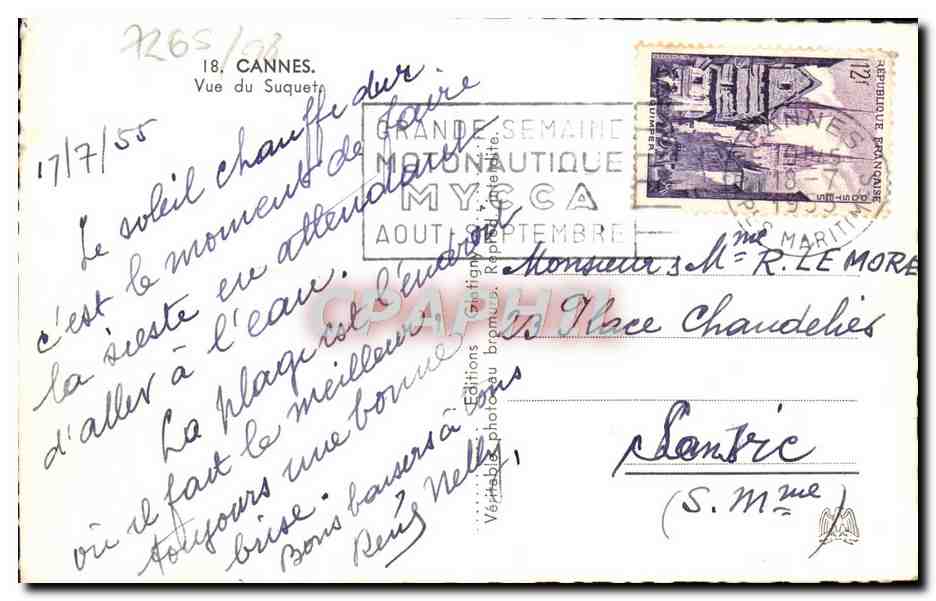 CPA Cannes Vue Du Suquet Bateau — Verso
