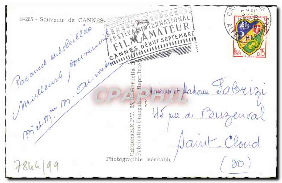 CPA Cannes Souvenir  — Verso