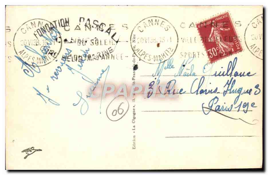 CPA Cannes Les Grands Hotels Bateau — Verso